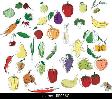 Un grande insieme di multicolor frutta e verdura nero su uno sfondo bianco, prodotti naturali Illustrazione Vettoriale