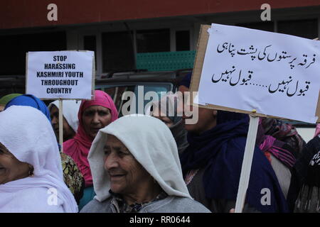 Srinagar, India. Il 22 febbraio, 2019. Decine di persone tra cui pro-v protesta contro la salvaguardia dell'articolo 35-A della costituzione indiana. Alcuni non-locali è attualmente vivono in Kashmir voce sollevata contro di essa troppo. Vi domanda era di proteggere e salvaguardare questo. "Vogliamo la pace e la fratellanza di tutti attraverso ritocchi Articolo 35-A può danneggiare la situazione qui e nessuno vuole che l' uno dei protestor ha detto. Credito: Musaib Iqbal Bhat/Pacific Press/Alamy Live News Foto Stock