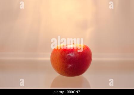 Un rosso fresco e apple è giacente su di una superficie di vetro su un ripiano del frigorifero. Apple rimangono fresche più a lungo in frigorifero. Foto Stock