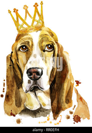 Cute cane. Dog t-shirt grafica. acquerello Basset Hound con la corona Foto Stock