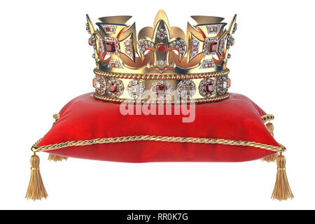 Golden crown con gioielli sul velluto rosso cuscino per incoronazione isolato su bianco. 3d illustrazione Foto Stock