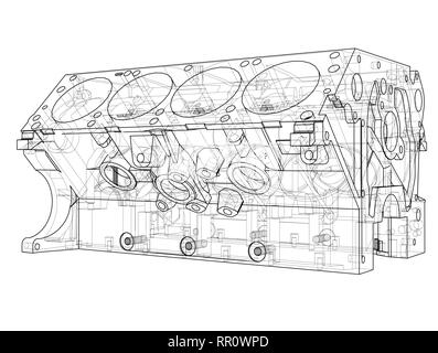Blocco motore sketch. Vettore di rendering 3D Illustrazione Vettoriale