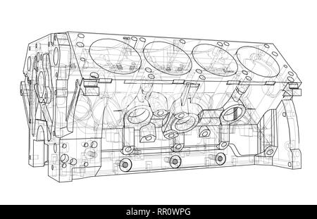 Blocco motore sketch. Vettore di rendering 3D Illustrazione Vettoriale