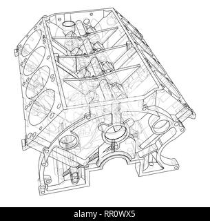 Blocco motore sketch. Vettore di rendering 3D Illustrazione Vettoriale