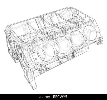Blocco motore sketch. Vettore di rendering 3D Illustrazione Vettoriale