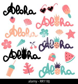 Vettore di carino estate raccolta di elementi con disegnati a mano parola scritta aloha, anguria, smoothie, Monstera, gelato, ananas, ciliegia, fragola Illustrazione Vettoriale