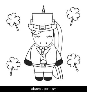 Cartoon carino in bianco e nero il vettore per il giorno di San Patrizio leprechaun unicorn illustrazione per la colorazione di arte Illustrazione Vettoriale