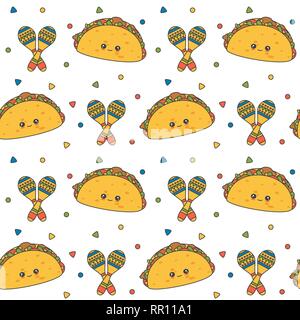 Carino grazioso cartoon vettore seamless pattern illustrazione dello sfondo messicano con tacos e maracas Illustrazione Vettoriale