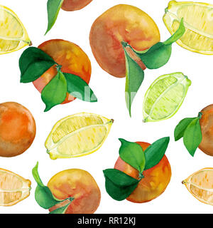 Acquerello seamless pattern di agrumi freschi- limoni e arance su sfondo bianco. I frutti con foglie e tagliata nel mezzo. Foto Stock