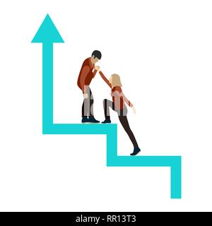 L uomo e la donna in piena crescita sul successo delle scale. Stilizzata di carriera. Guy ragazza aiuta a salire. Uomo Donna si estende una mano. Simbolo di fr Illustrazione Vettoriale
