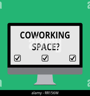 Testo della scrittura Coworking Spacequestion. Concetto significato di business fornendo servizi di uffici condivisi al lavoro Foto Stock