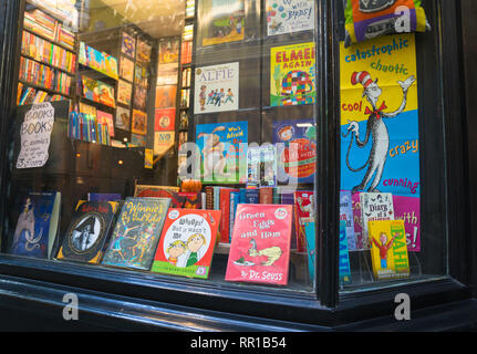 Prenota store window riempito con il dottor Seuss libri. Foto Stock