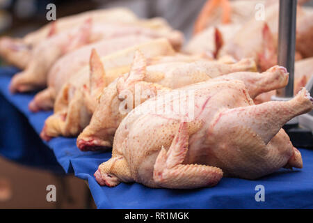 Il pollo crudo carcasse vendute nel mercato contatore. Messa a fuoco selettiva Foto Stock