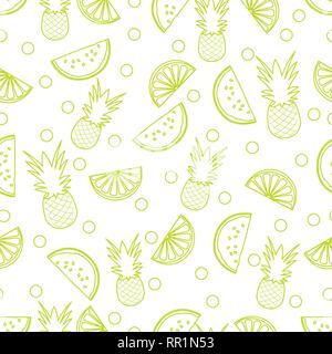 Modello senza cuciture con ananas, fettine di arancia e di anguria fette. La frutta tropicale. Estate sfondo. Illustrazione Vettoriale