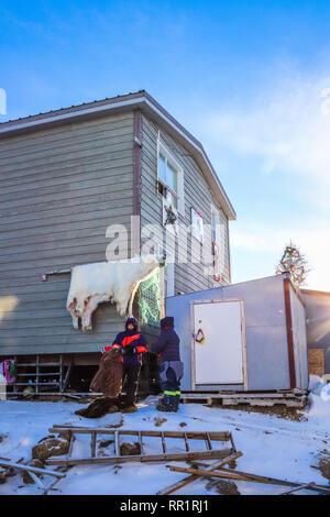 Una casa nella Comunità Inuit, Pangnirtung. Orso polare si blocca la pelle al di fuori per iniziare il processo di concia e verrà trasformato in vestiti caldi al più presto. Foto Stock