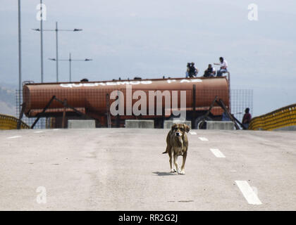 Caracas, Venezuela. Il 23 febbraio, 2019. In una cerimonia ufficiale a Cucuta sulla parte colombiana del Tienditas ponte internazionale prima del tentativo di cross aiuti umanitari oltre il confine con il Venezuela, il 23 febbraio 2019. US-donati aiuti umanitari è stata ''sul suo modo'' per il Venezuela, leader dell opposizione Juan Gauido annunciato sabato come egli ha lanciato una operazione di distribuzione con i presidenti di Colombia, Cile e Paraguay. Credito: Elyxandro Cegarra/ZUMA filo/Alamy Live News Foto Stock