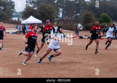 Febbraio 23, 2019 - pini del sud, North Carolina, USA - Febbraio 23, 2019 - pini del sud, N.C., STATI UNITI D'AMERICA - Carolinas Geographic Rugby Unione Uomini di Azione di rugby tra i pini del sud ''Grande coni'' e Charleston (Sud Carolina) fuorilegge Rugby Football Club a campi di Twin Farm. Pini del sud shut-out Charleston, 105-0. (Credito Immagine: © Timothy L. Hale/ZUMA filo) Foto Stock