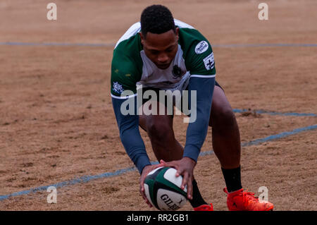 Febbraio 23, 2019 - pini del sud, North Carolina, USA - Febbraio 23, 2019 - pini del sud, N.C., STATI UNITI D'AMERICA - Carolinas Geographic Rugby Unione Uomini di Azione di rugby tra i pini del sud ''Grande coni'' e Charleston (Sud Carolina) fuorilegge Rugby Football Club a campi di Twin Farm. Pini del sud shut-out Charleston, 105-0. (Credito Immagine: © Timothy L. Hale/ZUMA filo) Foto Stock