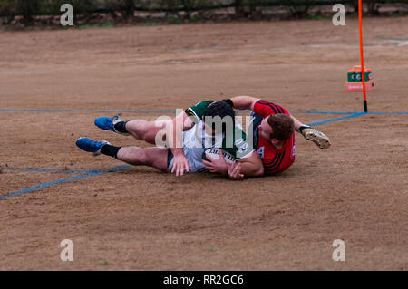 Febbraio 23, 2019 - pini del sud, North Carolina, USA - Febbraio 23, 2019 - pini del sud, N.C., STATI UNITI D'AMERICA - Carolinas Geographic Rugby Unione Uomini di Azione di rugby tra i pini del sud ''Grande coni'' e Charleston (Sud Carolina) fuorilegge Rugby Football Club a campi di Twin Farm. Pini del sud shut-out Charleston, 105-0. (Credito Immagine: © Timothy L. Hale/ZUMA filo) Foto Stock