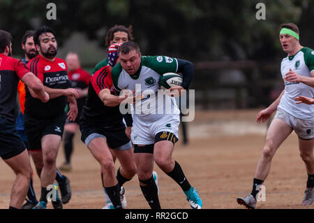 Febbraio 23, 2019 - pini del sud, North Carolina, USA - Febbraio 23, 2019 - pini del sud, N.C., STATI UNITI D'AMERICA - Carolinas Geographic Rugby Unione Uomini di Azione di rugby tra i pini del sud ''Grande coni'' e Charleston (Sud Carolina) fuorilegge Rugby Football Club a campi di Twin Farm. Pini del sud shut-out Charleston, 105-0. (Credito Immagine: © Timothy L. Hale/ZUMA filo) Foto Stock