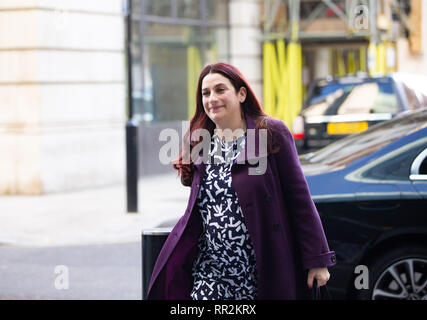 Londra, Regno Unito. 24 Febbraio, 2019. Luciana Berger, ex lavoro MP, che ha rassegnato le dimissioni di unirsi al gruppo indipendente, arriva alla BBC Studios a comparire su "L'Andrew Marr Show'. Credito: Tommy Londra/Alamy Live News Foto Stock