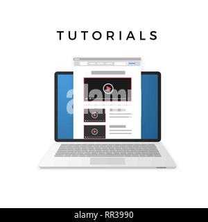 Progettazione di Banner di tutorial video concetto. Illustrazione di vettore isolato su sfondo bianco Illustrazione Vettoriale