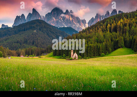 Una fantastica destinazione di viaggio,tradizionale alpino St Johann chiesa in Val di Funes con fiorito di campi in primavera e di alta montagna e di Santa Maddalena Foto Stock