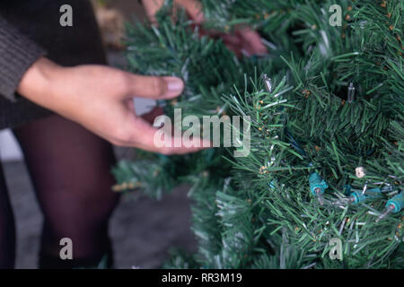 Mani dipanare un albero di Natale artificiale senza ornamenti. Foto Stock