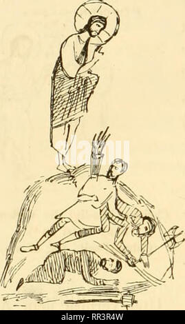 . Acta Societatis Scientiarum Fennicae. La scienza. 56 J. J. TlKKANEN. Fig. 70. "Grosse Farreii haben mich umgeben, fette Ochsen haben mich umringet", u. 17: "Denn Hunde haben mich umgeben und der Bösen Rotte hat sich um mich gemacht" (in allen Handschr. vom Chlud.- Psalt. ') Bis zum russ. v. J. 1397 u. dessen Copien). Die wortgetreue und die typologische Auifassung mi- schen sich hier zu wunderlichen Phantasien. Zuerst sieht man Christus, auf einem Felsen sitzend, von Ochsen mit menschlichen Gesichtern und Menschen mit Hörnern umgeben, dann wieder stehend, von Bewaffneten mit Hundsköp Foto Stock