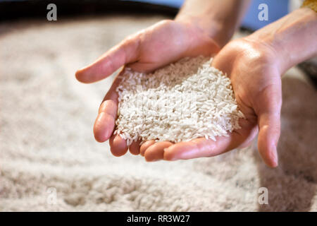 Donna mani di riso bianco Foto Stock