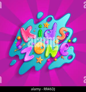 Kids Zone vettore logo cartoon. Cupola colorata lettere per bambini Sala giochi di decorazione. Iscrizione isolato su sfondo Illustrazione Vettoriale