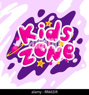 Kids Zone vettore logo cartoon. Cupola colorata lettere per bambini Sala giochi di decorazione. Iscrizione isolato su sfondo Illustrazione Vettoriale