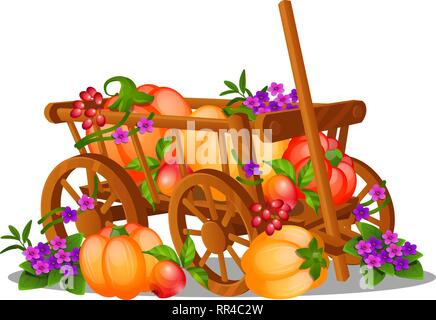 Il carrello di legno è riempita con un raccolto di frutti maturi e verdure isolati su sfondo bianco. Vector cartoon close-up illustrazione. Illustrazione Vettoriale