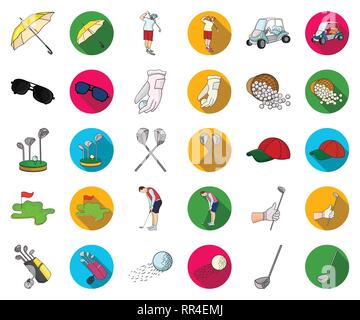 Dopo,l'arte,l'attributo,aviatore,bag,ball,sfere,basket,prima,cap,carrello,cartoon,appartamento,club, club,raccolta,corso,attraversato,design,attrezzature,campo,battenti,gioco,golf,golfista,l'erba,l'hobby,azienda,foro,icona,immagine,isolato,kick,logo,parasol,percorso,immissione,giochi,impostare,segno,sport,stick,occhiali da sole,il simbolo,T,uniformi,vettore,web,ruote vettori vettore , Illustrazione Vettoriale