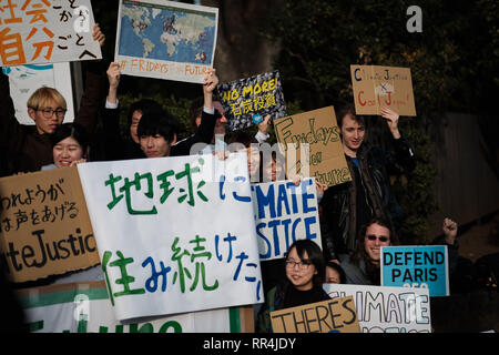 Piccolo gruppo di per la maggior parte giovani adulti prendere parte a una manifestazione contro il cambiamento climatico nella parte anteriore della Dieta Nazionale (Giappone) il Parlamento, a Tokyo in Giappone, 22 febbraio 2019. La cosiddetta scuola sciopero per il clima o il venerdì per il futuro è un crescente movimento internazionale dei bambini e studenti che lasciano la loro scuola di partecipare a dimostrazioni per azione per il clima. Febbraio 22, 2019 (foto di Nicolas Datiche/AFLO) (Giappone) Foto Stock