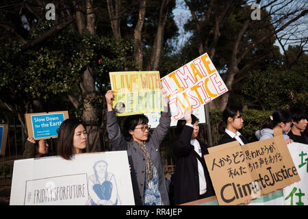 Piccolo gruppo di per la maggior parte giovani adulti prendere parte a una manifestazione contro il cambiamento climatico nella parte anteriore della Dieta Nazionale (Giappone) il Parlamento, a Tokyo in Giappone, 22 febbraio 2019. La cosiddetta scuola sciopero per il clima o il venerdì per il futuro è un crescente movimento internazionale dei bambini e studenti che lasciano la loro scuola di partecipare a dimostrazioni per azione per il clima. Febbraio 22, 2019 (foto di Nicolas Datiche/AFLO) (Giappone) Foto Stock