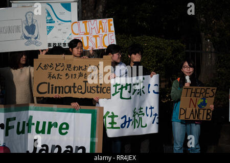 Piccolo gruppo di per la maggior parte giovani adulti prendere parte a una manifestazione contro il cambiamento climatico nella parte anteriore della Dieta Nazionale (Giappone) il Parlamento, a Tokyo in Giappone, 22 febbraio 2019. La cosiddetta scuola sciopero per il clima o il venerdì per il futuro è un crescente movimento internazionale dei bambini e studenti che lasciano la loro scuola di partecipare a dimostrazioni per azione per il clima. Febbraio 22, 2019 (foto di Nicolas Datiche/AFLO) (Giappone) Foto Stock