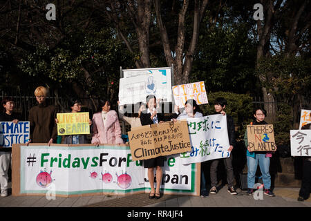 Piccolo gruppo di per la maggior parte giovani adulti prendere parte a una manifestazione contro il cambiamento climatico nella parte anteriore della Dieta Nazionale (Giappone) il Parlamento, a Tokyo in Giappone, 22 febbraio 2019. La cosiddetta scuola sciopero per il clima o il venerdì per il futuro è un crescente movimento internazionale dei bambini e studenti che lasciano la loro scuola di partecipare a dimostrazioni per azione per il clima. Febbraio 22, 2019 (foto di Nicolas Datiche/AFLO) (Giappone) Foto Stock