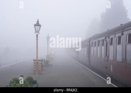 Kidderminster, Regno Unito. Il 24 febbraio, 2019. Regno Unito meteo: nonostante la fitta nebbia mattutina in Worcestershire, niente smorza lo spirito dei volontari dedicati a Severn Valley Railway; la foschia mattutina fornendo un suggestivo e pittoresco di iniziare la giornata per i passeggeri di salire a bordo di questi treni d'epoca. Credito: Lee Hudson/Alamy Live News Foto Stock