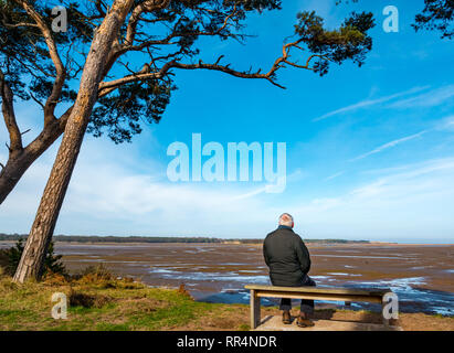 John Muir Country Park, Dunbar, East Lothian, Scozia, Regno Unito, 24 febbraio 2019. Regno Unito: Meteo glorioso sole sulla costa su un insolitamente caldo e soleggiato giorno d'inverno. Un anziano uomo si siede su una spiaggia e ammira la vista costiera a Hedderwick Sands a bassa marea Foto Stock