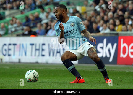 Londra, Regno Unito. 24 Febbraio, 2019. Raheem Sterling del Manchester City in azione. Carabao Cup match finale, Chelsea v Manchester City allo Stadio di Wembley a Londra domenica 24 febbraio 2019. Questa immagine può essere utilizzata solo per scopi editoriali. Solo uso editoriale, è richiesta una licenza per uso commerciale. Nessun uso in scommesse, giochi o un singolo giocatore/club/league pubblicazioni . pic da Steffan Bowen/Andrew Orchard fotografia sportiva/Alamy Live news Credito: Andrew Orchard fotografia sportiva/Alamy Live News Foto Stock