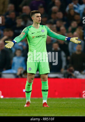 Londra, Inghilterra - Febbraio 23, 2019 del Chelsea Kepa Arrizabalaga durante l Carabao Cup finale tra Chelsea e Manchester City a Wembley stadium , Londra, Inghilterra il 23 Feb 2019 Azione di Credito Foto Sport FA Premier League e Football League immagini sono soggette a licenza DataCo. Solo uso editoriale. Nessuna stampa di vendite. Nessun uso personale di vendita. Nessun uso non retribuito Foto Stock