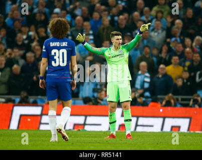 Londra, Inghilterra - Febbraio 23, 2019 del Chelsea Kepa Arrizabalaga durante l Carabao Cup finale tra Chelsea e Manchester City a Wembley stadium , Londra, Inghilterra il 23 Feb 2019 Azione di Credito Foto Sport FA Premier League e Football League immagini sono soggette a licenza DataCo. Solo uso editoriale. Nessuna stampa di vendite. Nessun uso personale di vendita. Nessun uso non retribuito Foto Stock