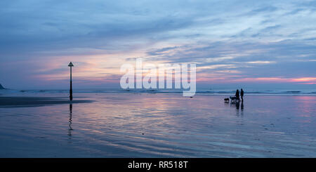 Borth, Ceredigion, Wales, Regno Unito 24 Febbraio 2019 UK Meteo: la gente camminare con i cani lungo la sabbia sulla spiaggia Borth dopo una soleggiata giornata calda in Ceredigion, Galles. Credito: Ian Jones/Alamy Live News. Foto Stock