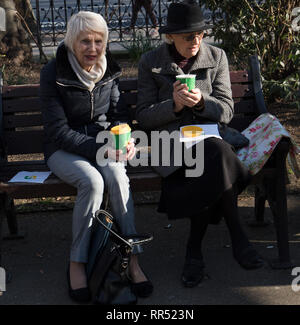 Londra, Regno Unito. Il 24 febbraio, 2019. I visitatori di Londra, Regno Unito, godetevi una bella tazza di tè su un banco di Whitehall Gardens, City of Westminster, su un primo pomeriggio su questo soleggiato, febbraio molla come giorno. Credito: Joe Kuis /Alamy Live News Foto Stock