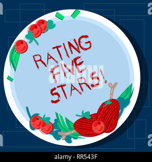 La scrittura della nota mostra Rating a cinque stelle. Business photo vetrina indicando più alto di classificazione dato basato su criteri impostati disegnati a mano costolette di agnello il suo Foto Stock