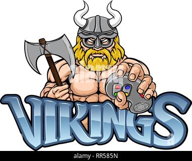 Viking Gamer Gladiator guerriero mascotte del Controller Illustrazione Vettoriale