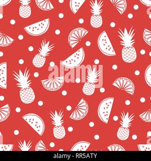 Modello senza cuciture con ananas, fettine di arancia e di anguria fette. La frutta tropicale. Estate sfondo. Illustrazione Vettoriale