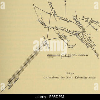 . Abhandlungen zur geologischen Specialkarte von Preussen und den Thüringischen Staaten. Die Gold-Lagerstätten von Boicza. 47 Der Klein-ErbstollD (s. Figura 18) durchörterte anfänglich auf einige hundert Meter Länge stark zersetzten Melaphyr und trat dann in ein meist weiches, graues Gestein über, welches man mit dem Namen"Dacittuff'' belegte. Beide Kontakt- flächen dieses in rund 500 m Mächtigkeit aufgeschlossenen figura 18.. Boicza Grubenbaue der Klein - ErbstoUn - Sohle. Gesteines streichen etwa in h. 10 caduti und Gegen n°, die nordöstliche unter ca. 85*^, die südwestliche unter ca. 45'^. D Foto Stock