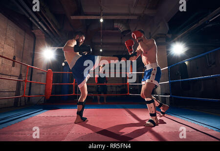 Due uomini belli i boxer esercizio di kickboxing nel ring a sport club Foto Stock